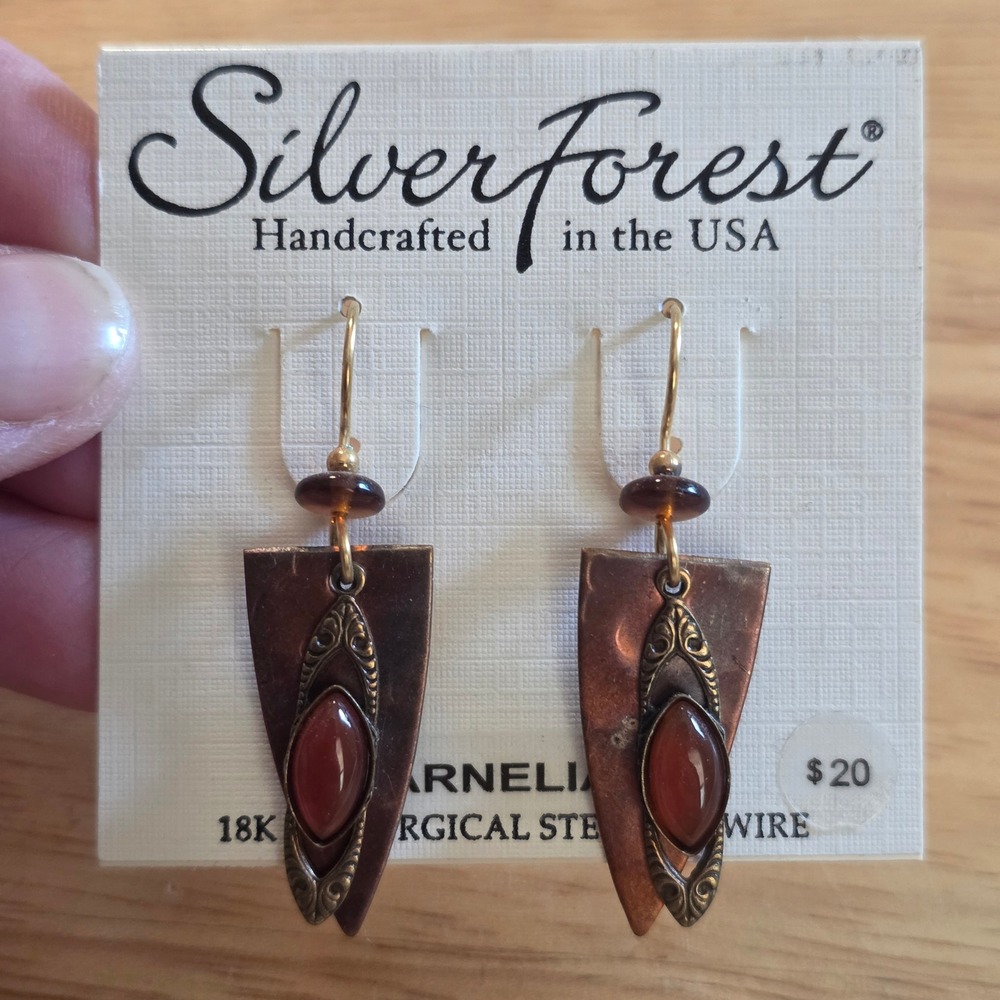 Silver Forest Earrings Women OS Bronze NWT Carnelian Copper Shield NE-1399 Boho